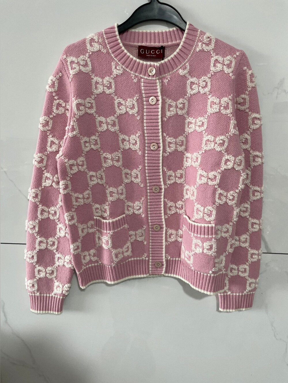 Gucci pink & White GG Logo Knit Cardigan Sweater